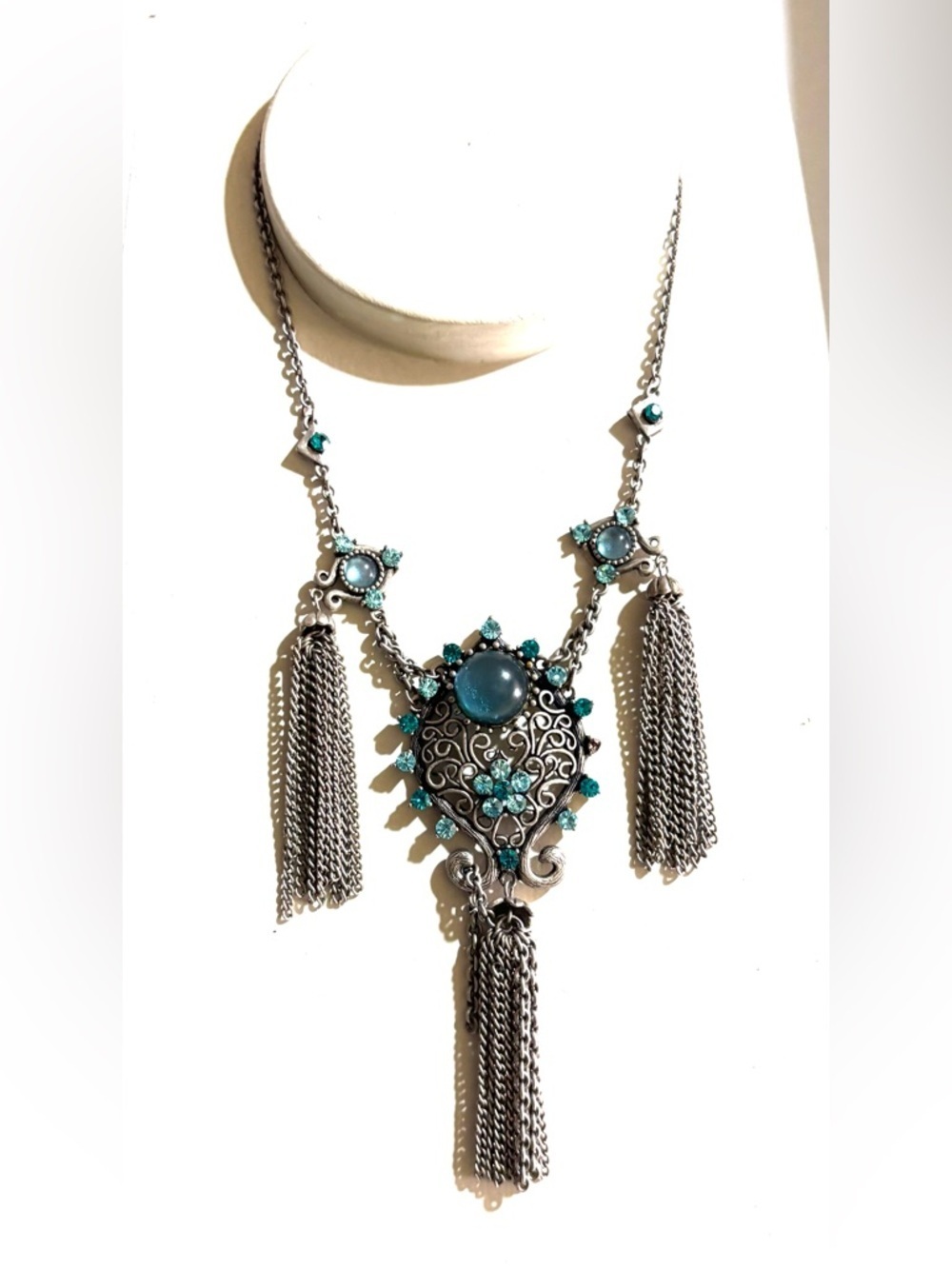 Silver-Tone Turquoise Statement Tassel Necklace - Women Jewelry